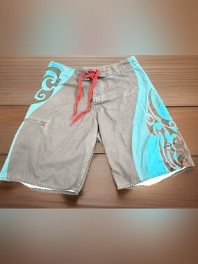 Vintage Men's Swim Board Shorts with Turquoise Panels and Red Drawstring